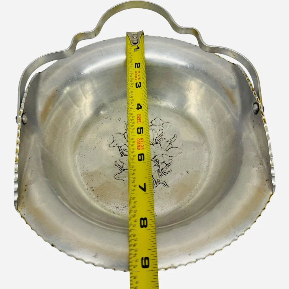 Federal Silver Co Hand Wrought Aluminum Basket Floral Lily Scalloped Bowl Vtg